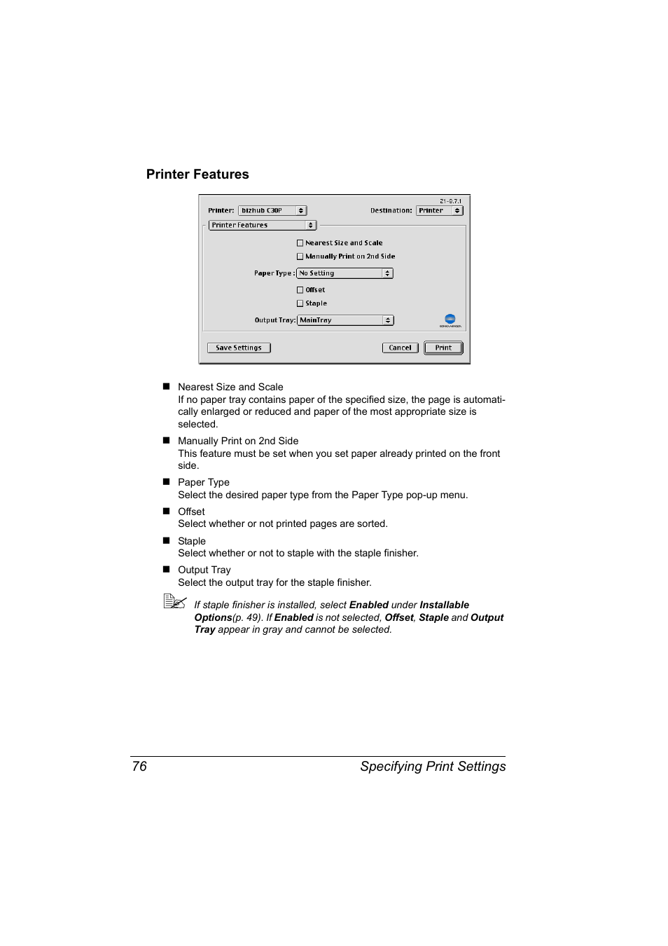 Printer features, Printer features 76 | Konica Minolta BIZHUB C30P User Manual | Page 94 / 292