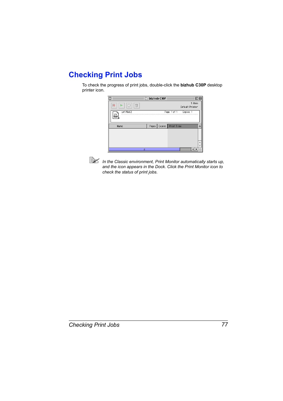 Checking print jobs, Checking print jobs 77 | Konica Minolta BIZHUB C30P User Manual | Page 95 / 292