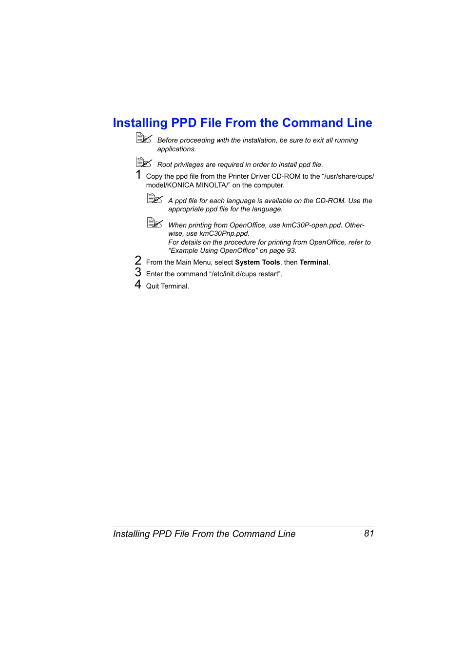 Installing ppd file from the command line, Installing ppd file from the command line 81 | Konica Minolta BIZHUB C30P User Manual | Page 99 / 292