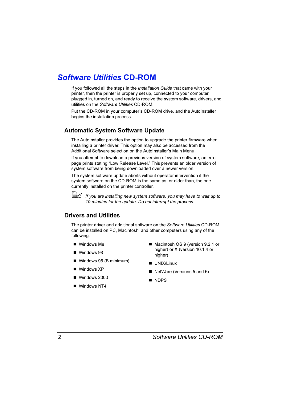 Software utilities cd-rom, Automatic system software update, Drivers and utilities | Software utilities cd-rom 2 | Konica Minolta Magicolor 3300DN User Manual | Page 10 / 198