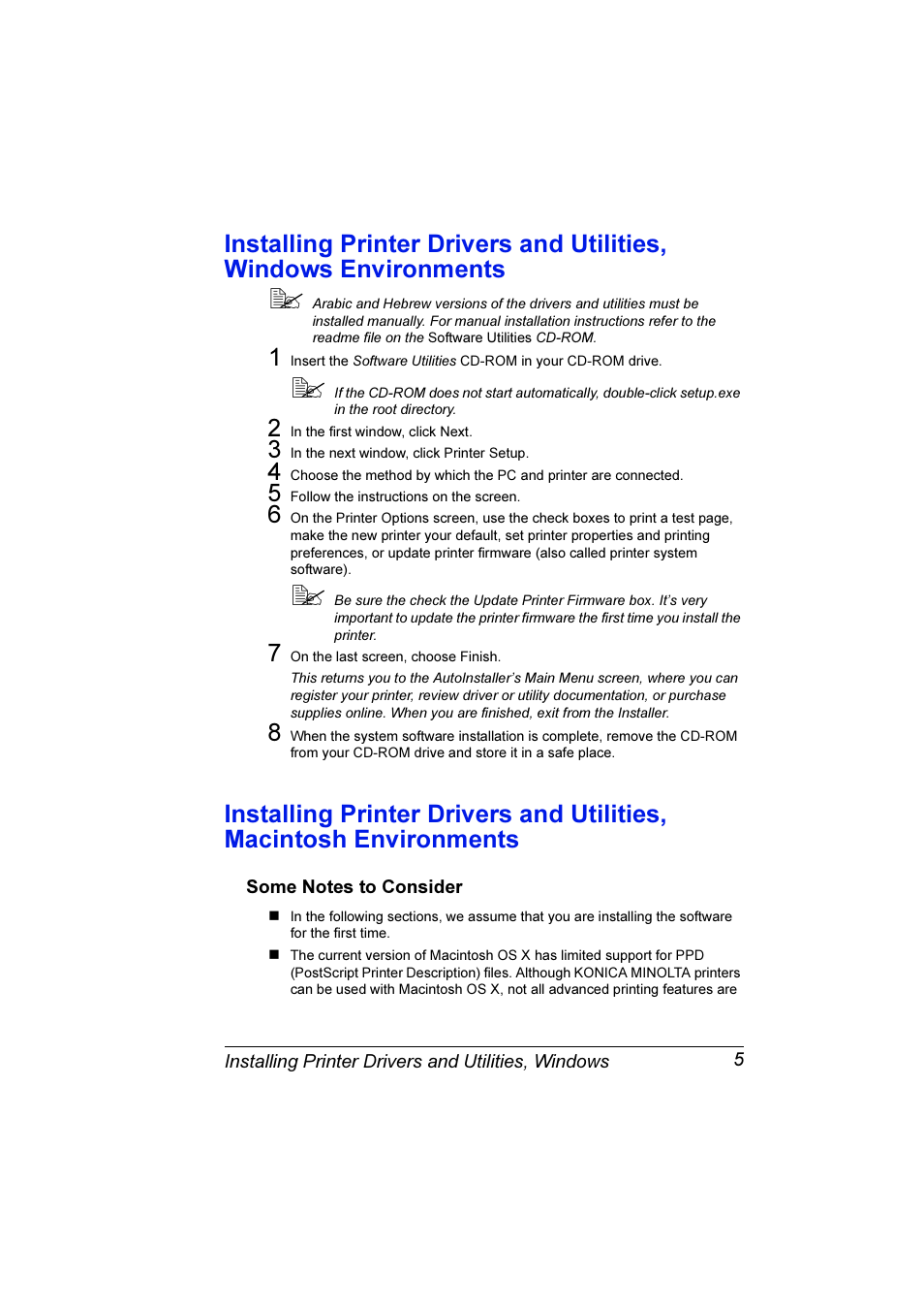 Some notes to consider, Installing printer drivers and utilities, Windows environments | Konica Minolta Magicolor 3300DN User Manual | Page 13 / 198