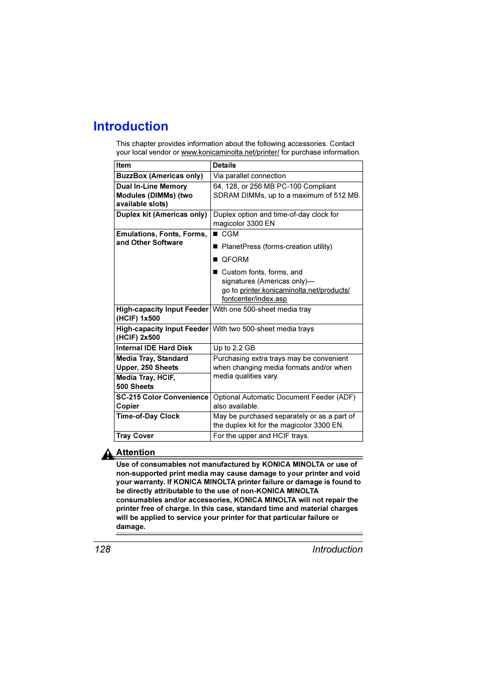 Introduction, Introduction 128 | Konica Minolta Magicolor 3300DN User Manual | Page 136 / 198