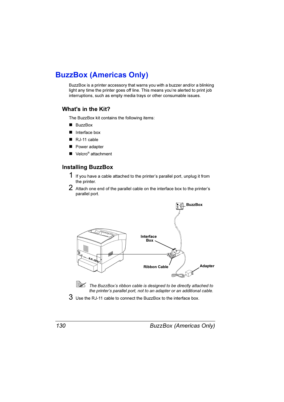 Buzzbox (americas only), What's in the kit, Installing buzzbox | Konica Minolta Magicolor 3300DN User Manual | Page 138 / 198