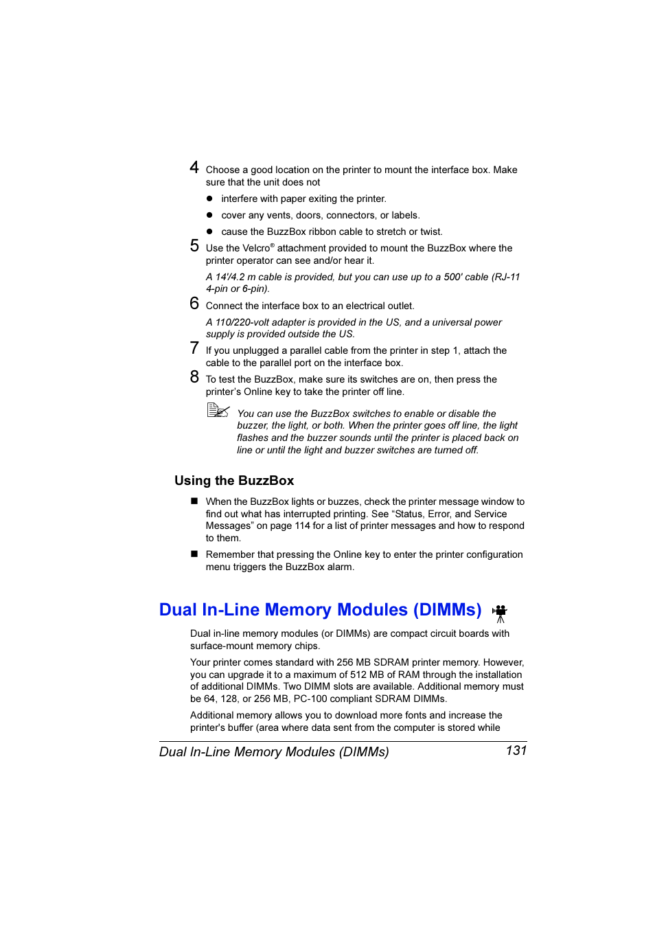 Using the buzzbox, Dual in-line memory modules (dimms) | Konica Minolta Magicolor 3300DN User Manual | Page 139 / 198