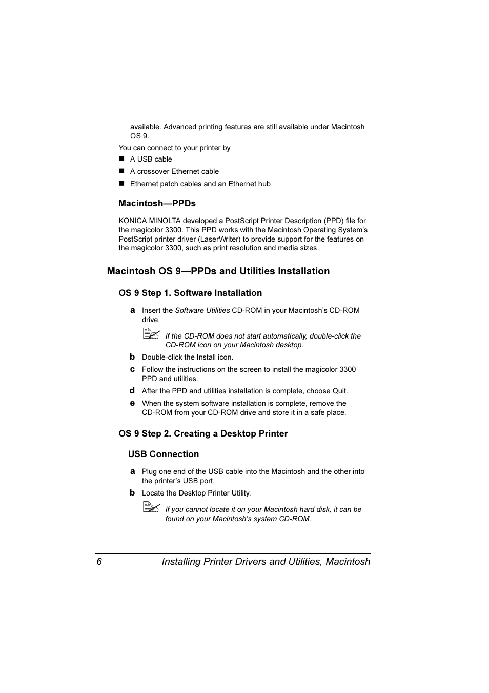 Macintosh os 9—ppds and utilities installation, Macintosh—ppds 6 | Konica Minolta Magicolor 3300DN User Manual | Page 14 / 198