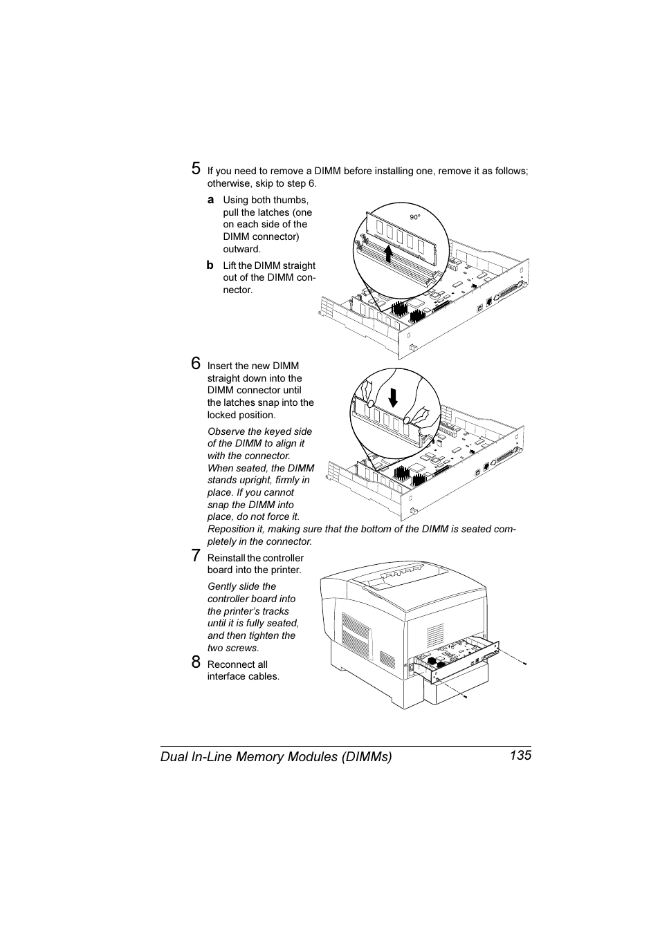 Lift the dimm straight out of the dimm con- nector, Reconnect all interface cables | Konica Minolta Magicolor 3300DN User Manual | Page 143 / 198