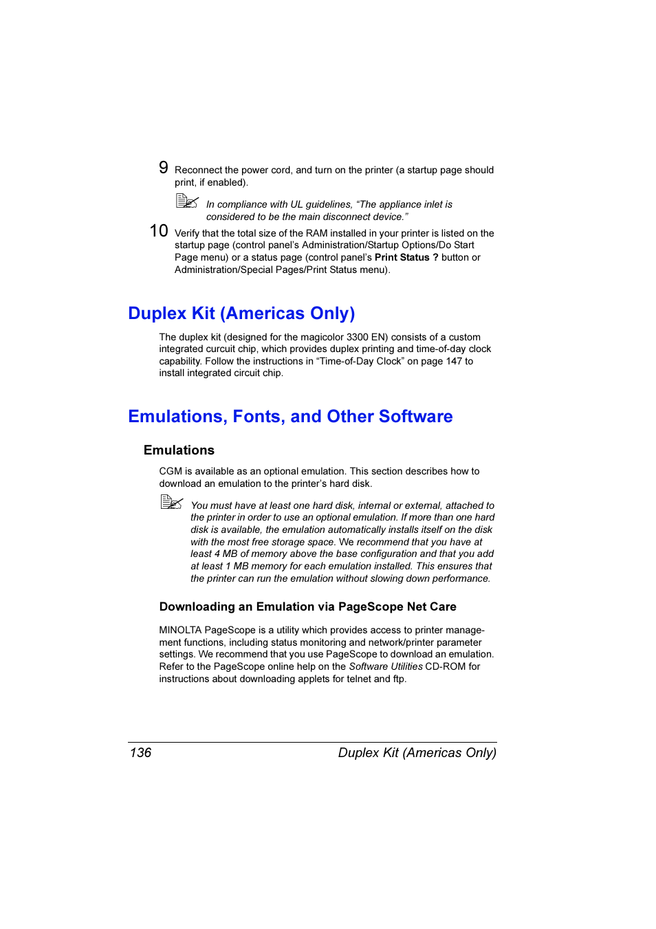 Duplex kit (americas only), Emulations, fonts, and other software, Emulations | Konica Minolta Magicolor 3300DN User Manual | Page 144 / 198