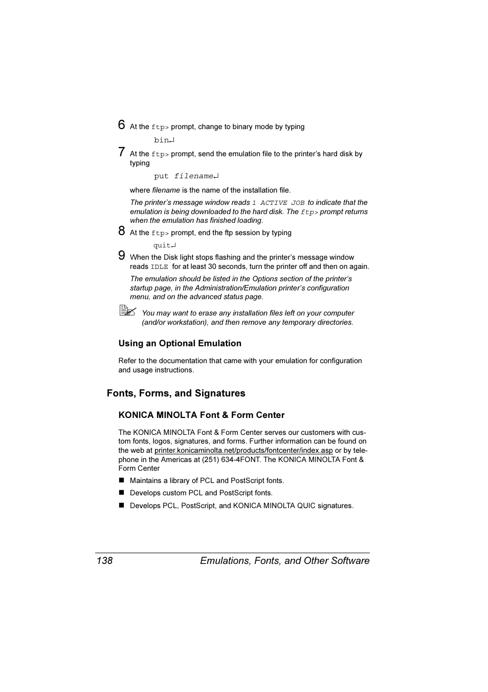 Fonts, forms, and signatures, Using an optional emulation 138, Konica minolta font & form center 138 | Konica Minolta Magicolor 3300DN User Manual | Page 146 / 198