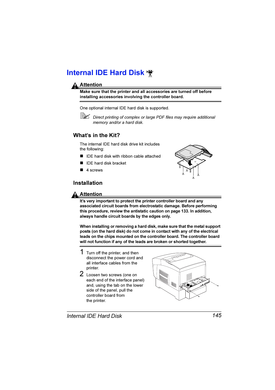 Internal ide hard disk, What's in the kit, Installation | Internal ide hard disk 145, What 's in the kit | Konica Minolta Magicolor 3300DN User Manual | Page 153 / 198