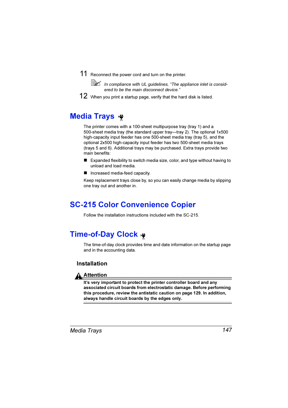 Media trays, Sc-215 color convenience copier, Time-of-day clock | Installation, Sc-215 color convenience copier time-of-day clock | Konica Minolta Magicolor 3300DN User Manual | Page 155 / 198