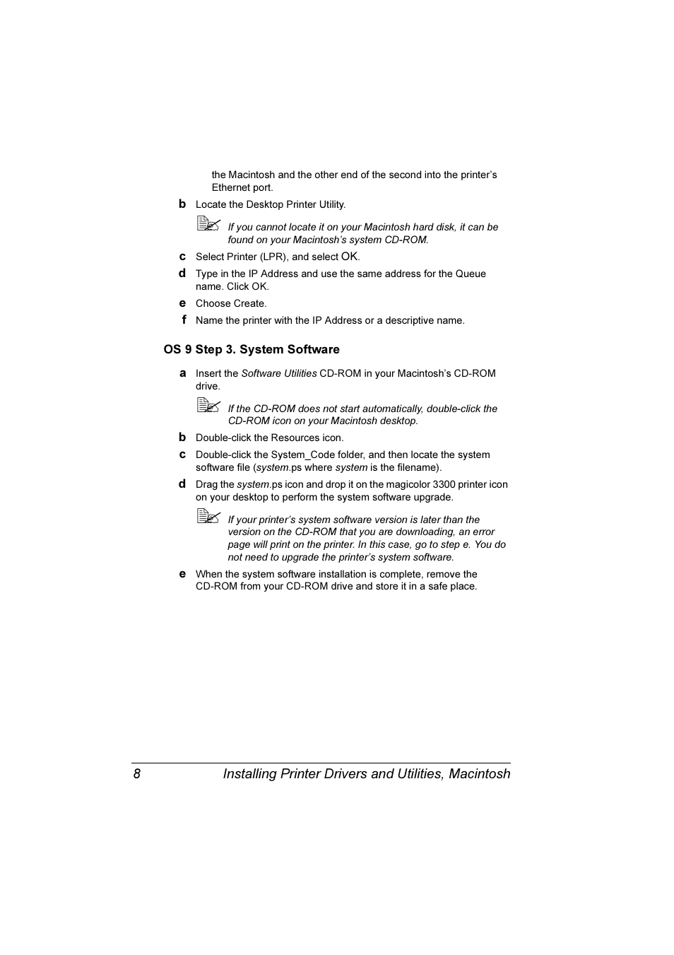 Os 9 step 3. system software 8 | Konica Minolta Magicolor 3300DN User Manual | Page 16 / 198