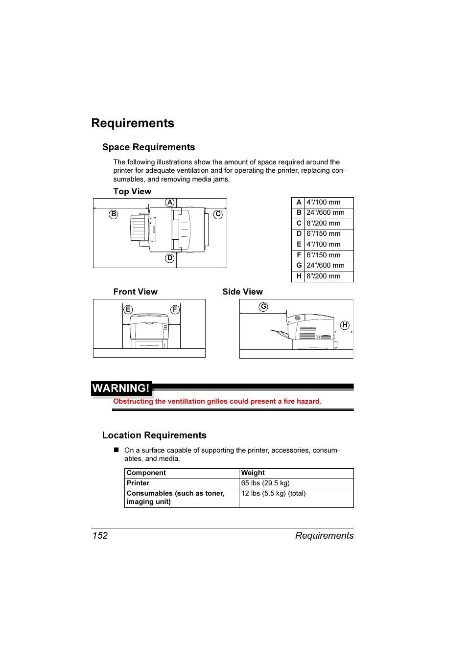 Requirements, Space requirements, Location requirements | Top view 152 front view 152 side view 152, Warning, Requirements 152 | Konica Minolta Magicolor 3300DN User Manual | Page 160 / 198