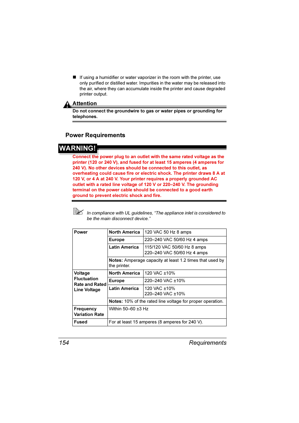 Power requirements, Warning, Requirements 154 | Konica Minolta Magicolor 3300DN User Manual | Page 162 / 198