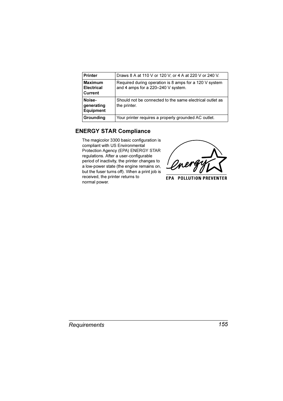 Energy star compliance, Requirements 155 energy star compliance | Konica Minolta Magicolor 3300DN User Manual | Page 163 / 198