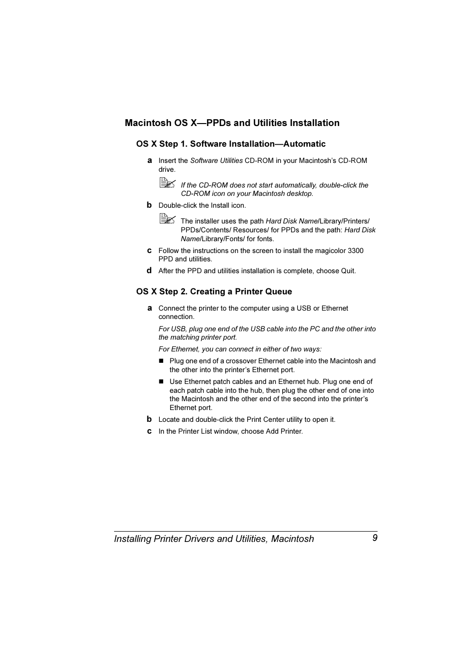 Macintosh os x—ppds and utilities installation | Konica Minolta Magicolor 3300DN User Manual | Page 17 / 198