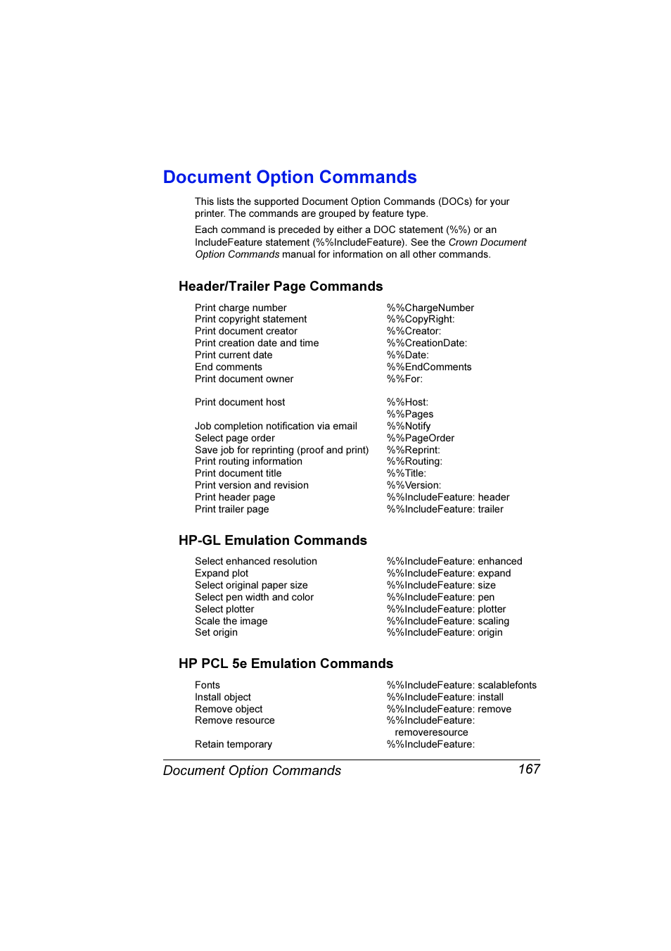 Document option commands, Hp-gl emulation commands, Hp pcl 5e emulation commands | Document option commands 167, Header/trailer page commands | Konica Minolta Magicolor 3300DN User Manual | Page 175 / 198
