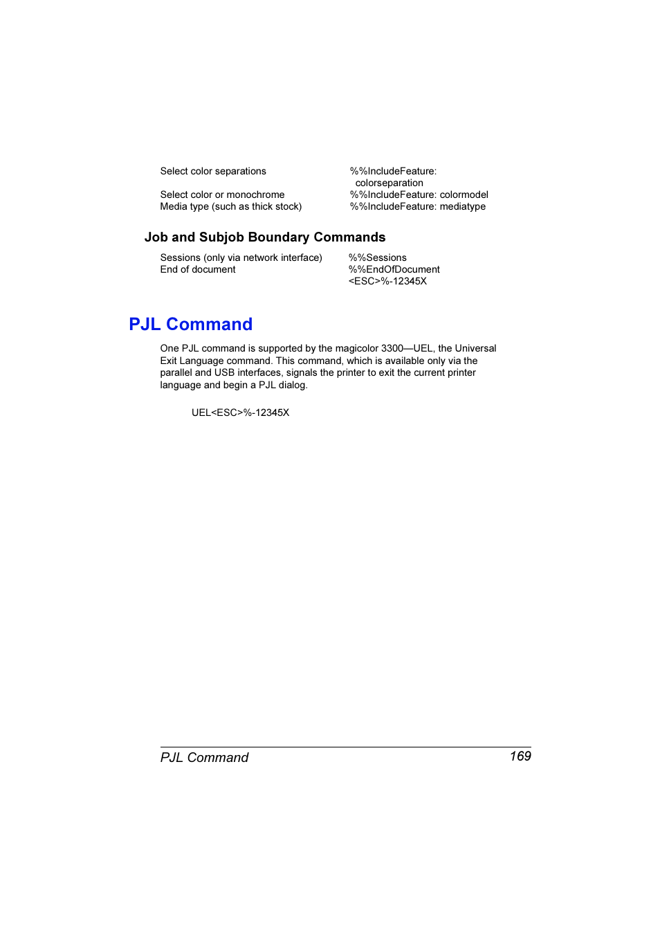 Job and subjob boundary commands, Pjl command, Pjl command 169 | Konica Minolta Magicolor 3300DN User Manual | Page 177 / 198