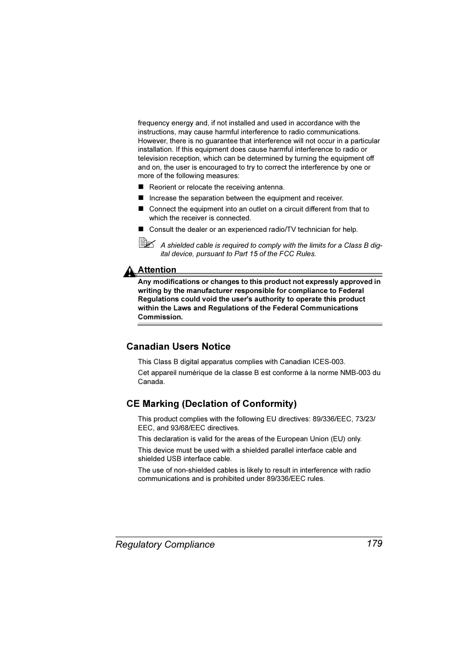 Canadian users notice, Ce marking (declation of conformity), Laser safety | Regulatory compliance 179 | Konica Minolta Magicolor 3300DN User Manual | Page 187 / 198