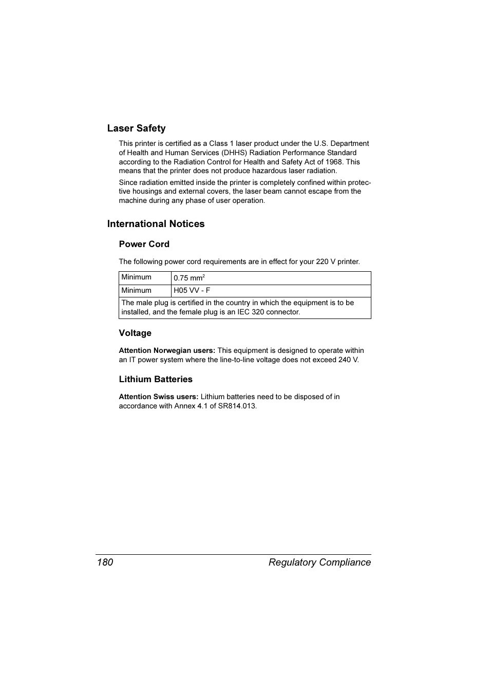 International notices, Power cord 180 voltage 180 lithium batteries 180, Regulatory compliance 180 laser safety | Konica Minolta Magicolor 3300DN User Manual | Page 188 / 198