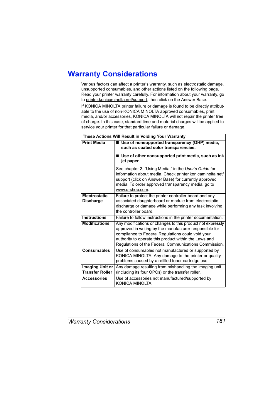 Warranty considerations, Warranty considerations 181 | Konica Minolta Magicolor 3300DN User Manual | Page 189 / 198