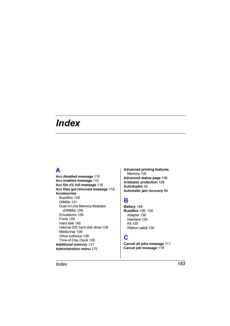 Index, Index 183 | Konica Minolta Magicolor 3300DN User Manual | Page 191 / 198