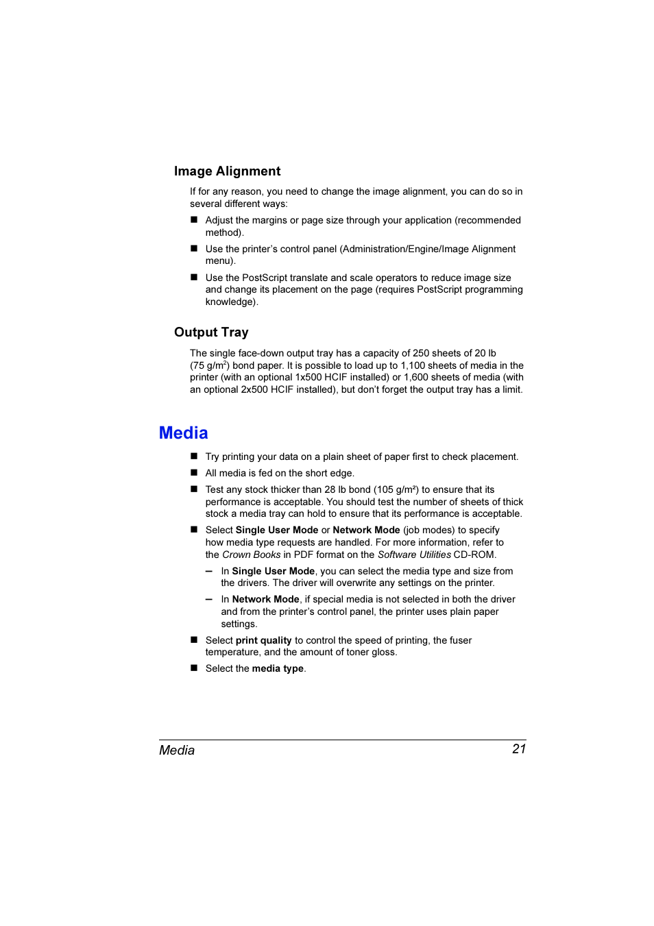 Image alignment, Output tray, Media | Media 21 image alignment | Konica Minolta Magicolor 3300DN User Manual | Page 29 / 198