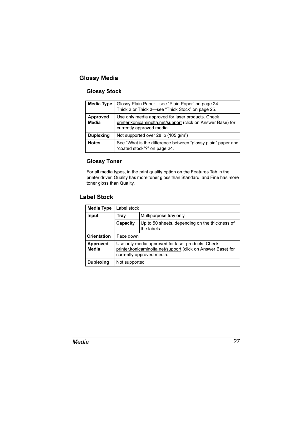 Glossy media, Label stock, Glossy stock 27 glossy toner 27 | Media 27 glossy media | Konica Minolta Magicolor 3300DN User Manual | Page 35 / 198