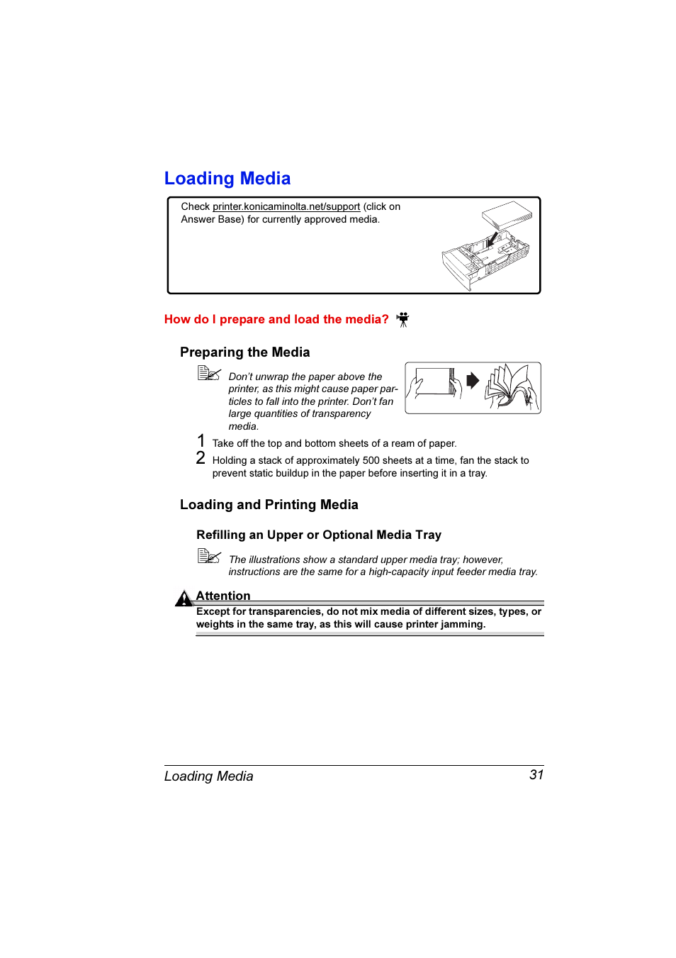 Loading media, Preparing the media, Loading and printing media | Refilling an upper or optional media tray 31 | Konica Minolta Magicolor 3300DN User Manual | Page 39 / 198