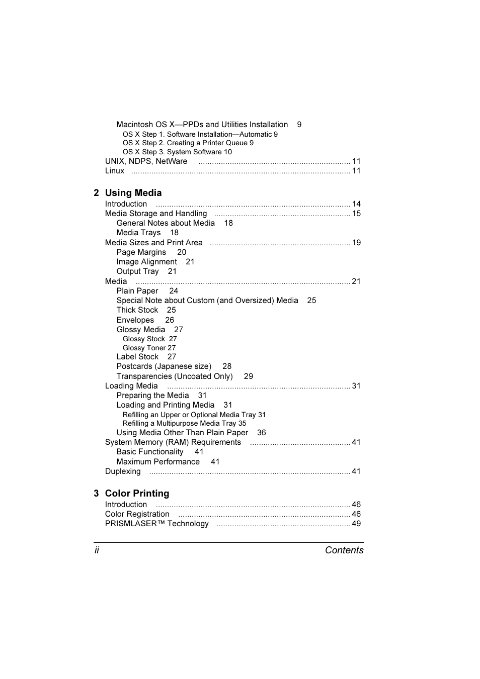 2 using media, 3 color printing, Contents ii | Konica Minolta Magicolor 3300DN User Manual | Page 4 / 198