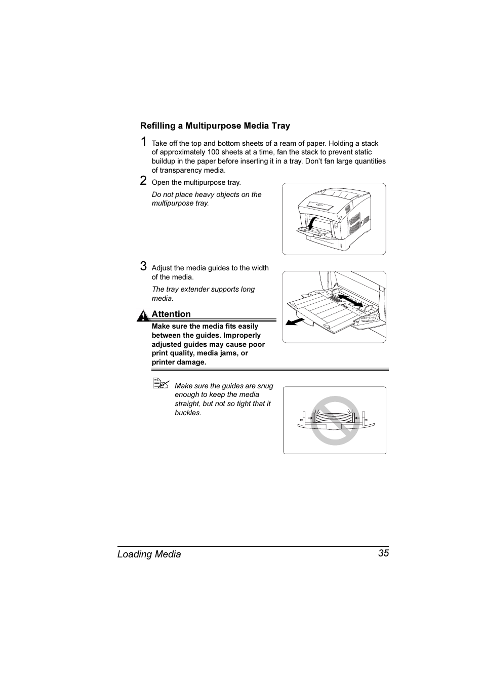 Refilling a multipurpose media tray 35 | Konica Minolta Magicolor 3300DN User Manual | Page 43 / 198