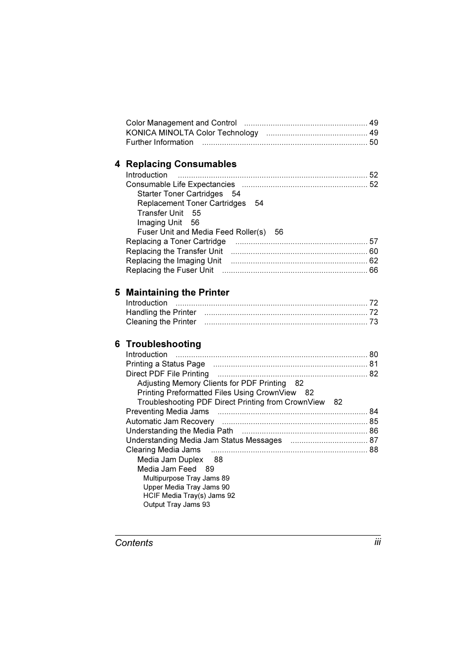 4 replacing consumables, 5 maintaining the printer, 6 troubleshooting | Contents iii | Konica Minolta Magicolor 3300DN User Manual | Page 5 / 198