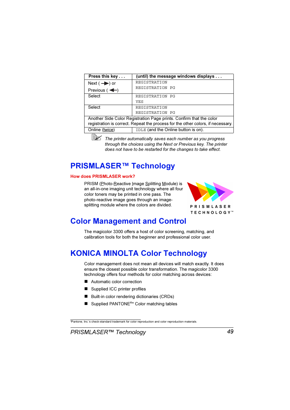 Prismlaser™ technology, Color management and control, Konica minolta color technology | Prismlaser™ technology 49 | Konica Minolta Magicolor 3300DN User Manual | Page 57 / 198