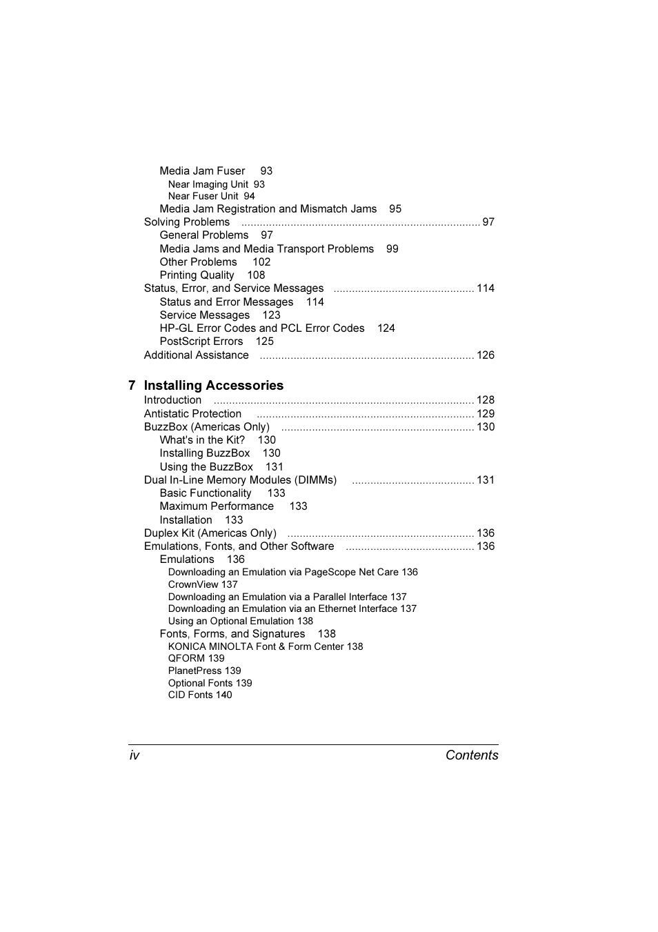 7 installing accessories, Contents iv | Konica Minolta Magicolor 3300DN User Manual | Page 6 / 198