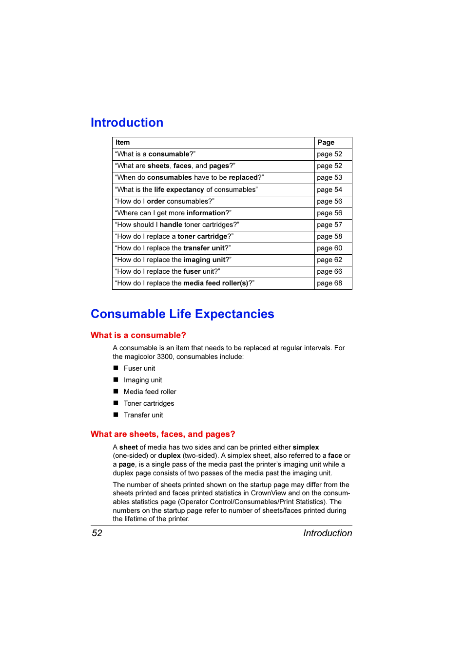 Introduction, Consumable life expectancies, Introduction consumable life expectancies | Introduction 52 | Konica Minolta Magicolor 3300DN User Manual | Page 60 / 198