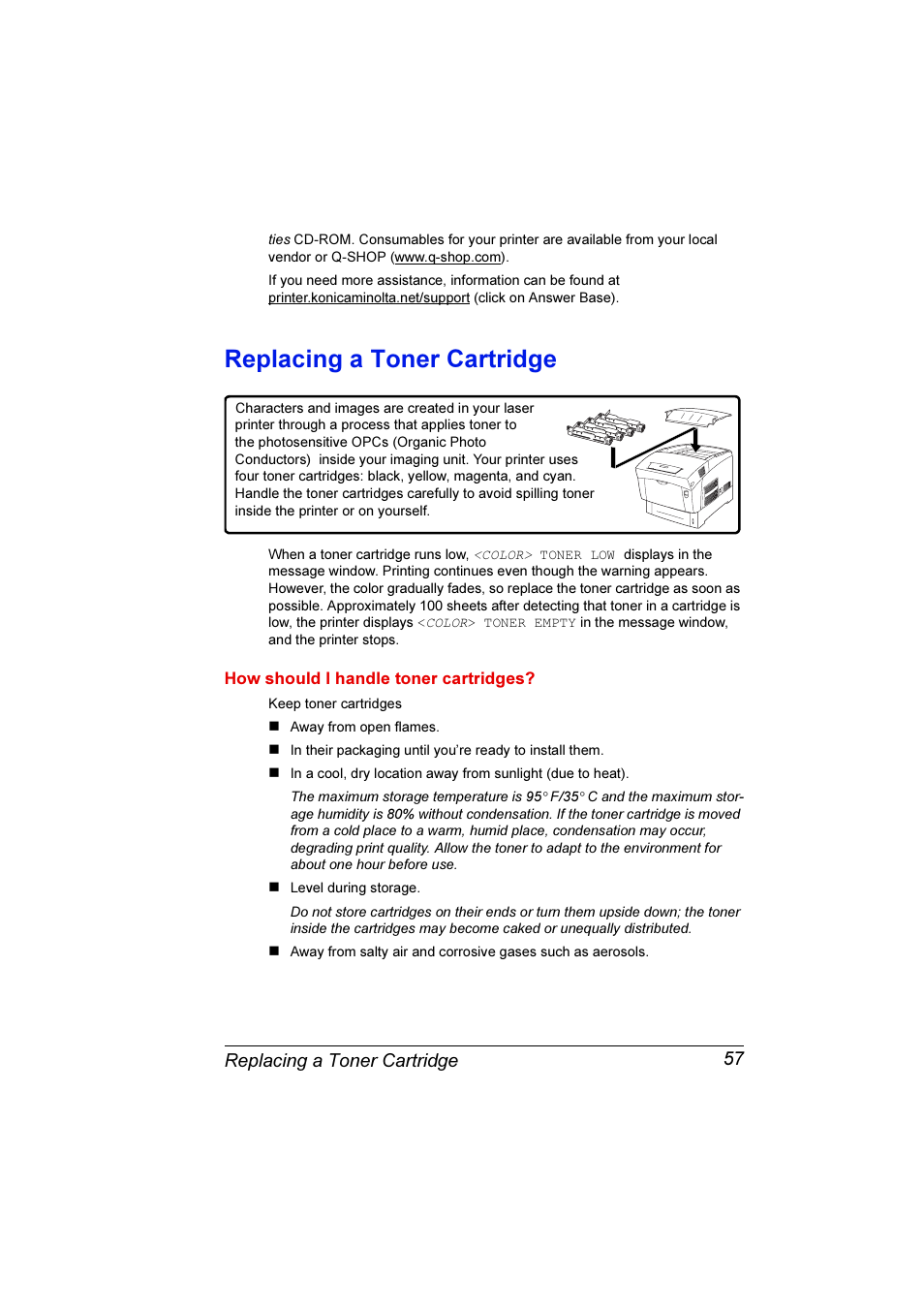 Replacing a toner cartridge, Replacing a toner cartridge 57 | Konica Minolta Magicolor 3300DN User Manual | Page 65 / 198