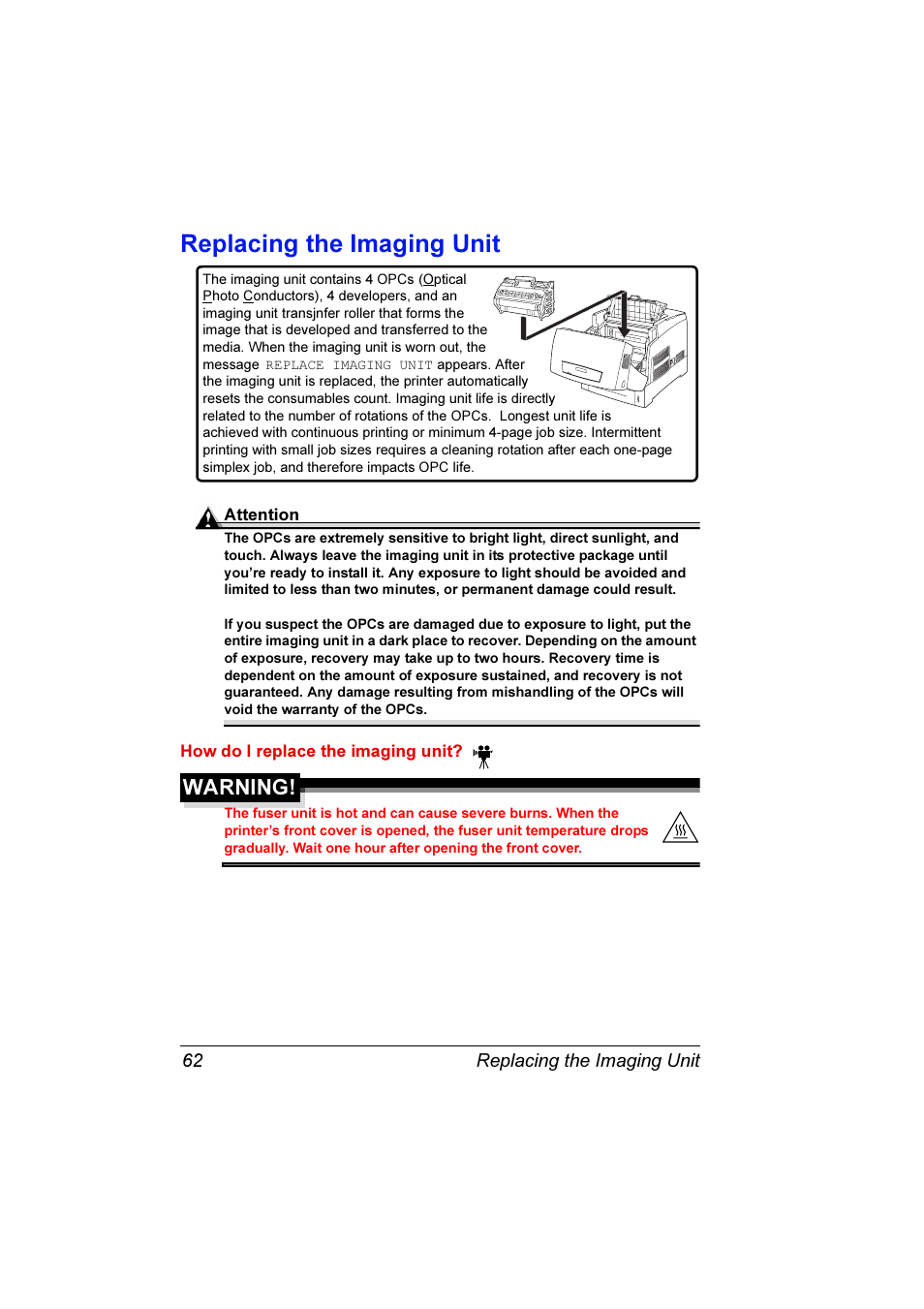 Replacing the imaging unit, Warning | Konica Minolta Magicolor 3300DN User Manual | Page 70 / 198