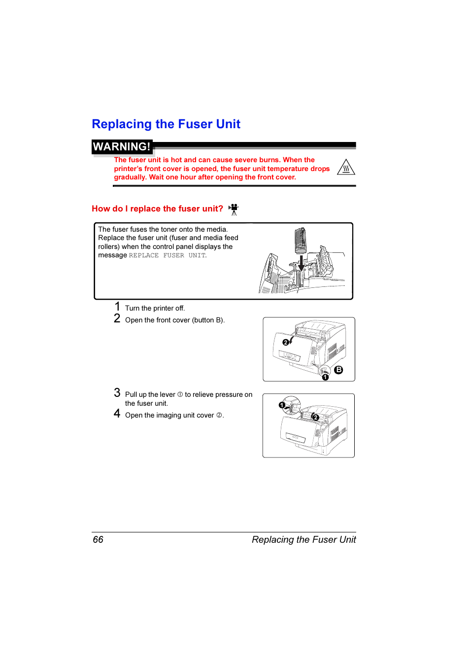 Replacing the fuser unit, Warning | Konica Minolta Magicolor 3300DN User Manual | Page 74 / 198