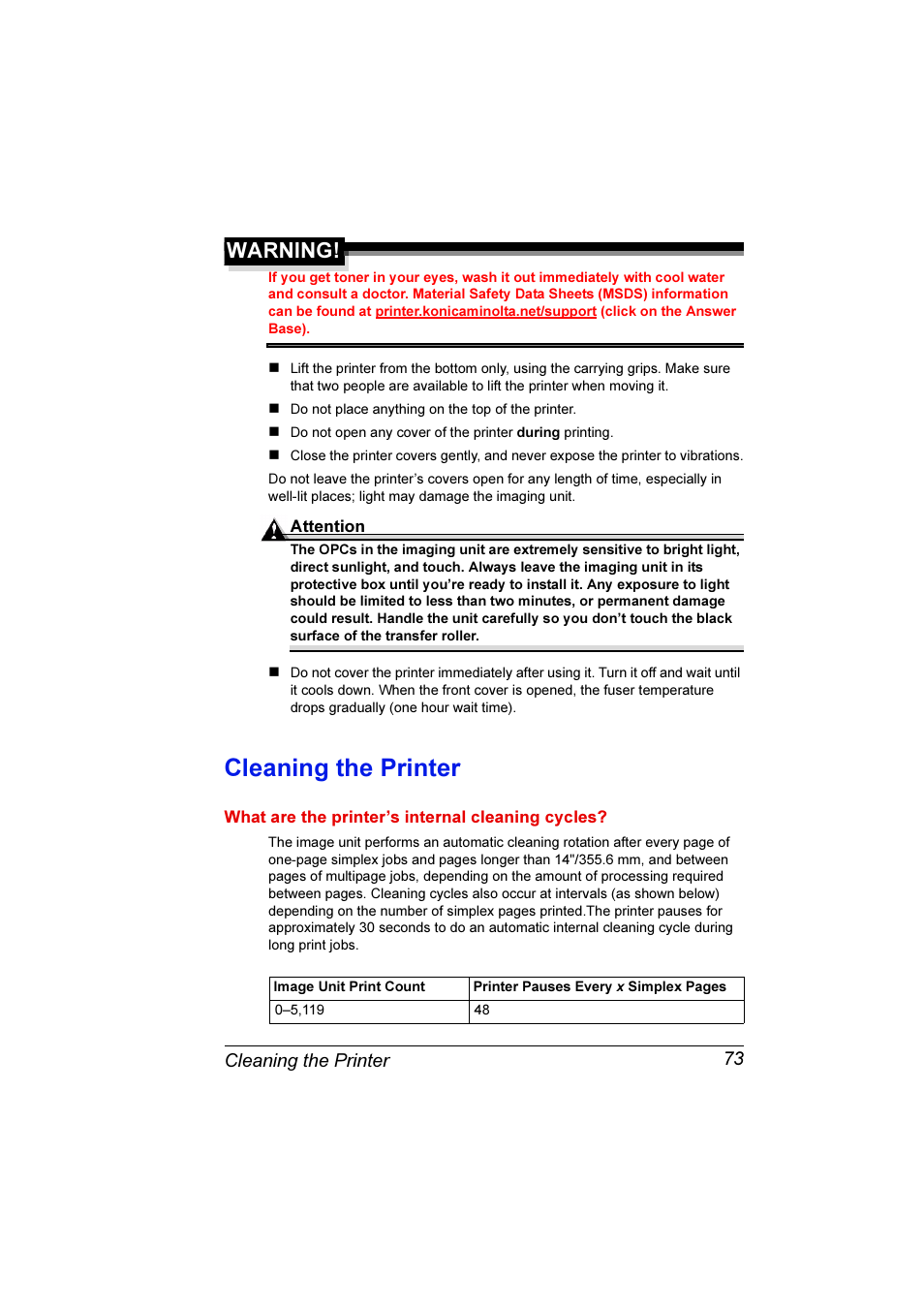 Cleaning the printer, Warning | Konica Minolta Magicolor 3300DN User Manual | Page 81 / 198