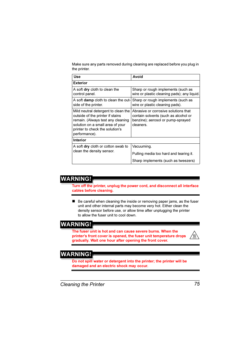 Warning, Cleaning the printer 75 | Konica Minolta Magicolor 3300DN User Manual | Page 83 / 198