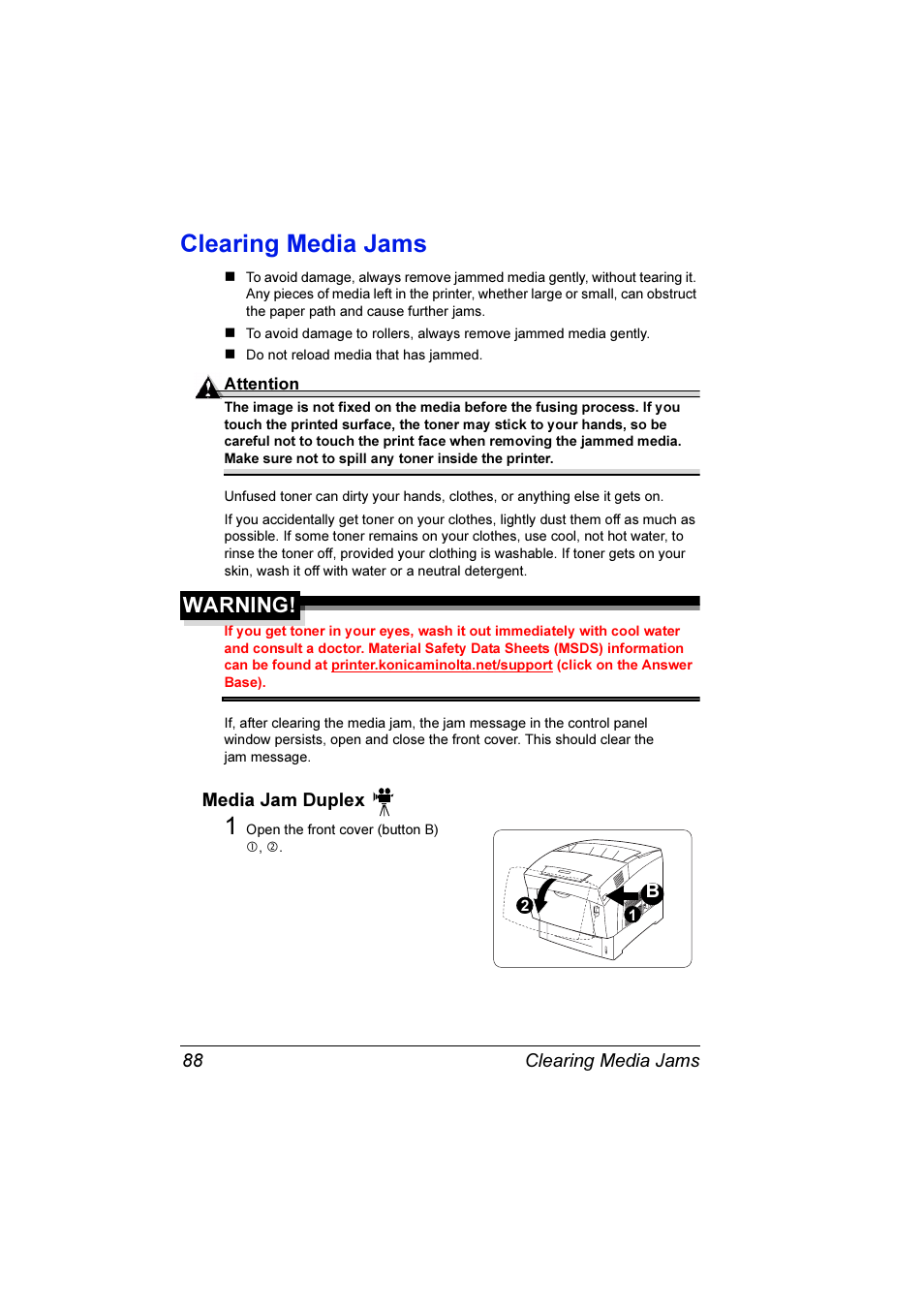 Clearing media jams, Media jam duplex, Warning | Konica Minolta Magicolor 3300DN User Manual | Page 96 / 198