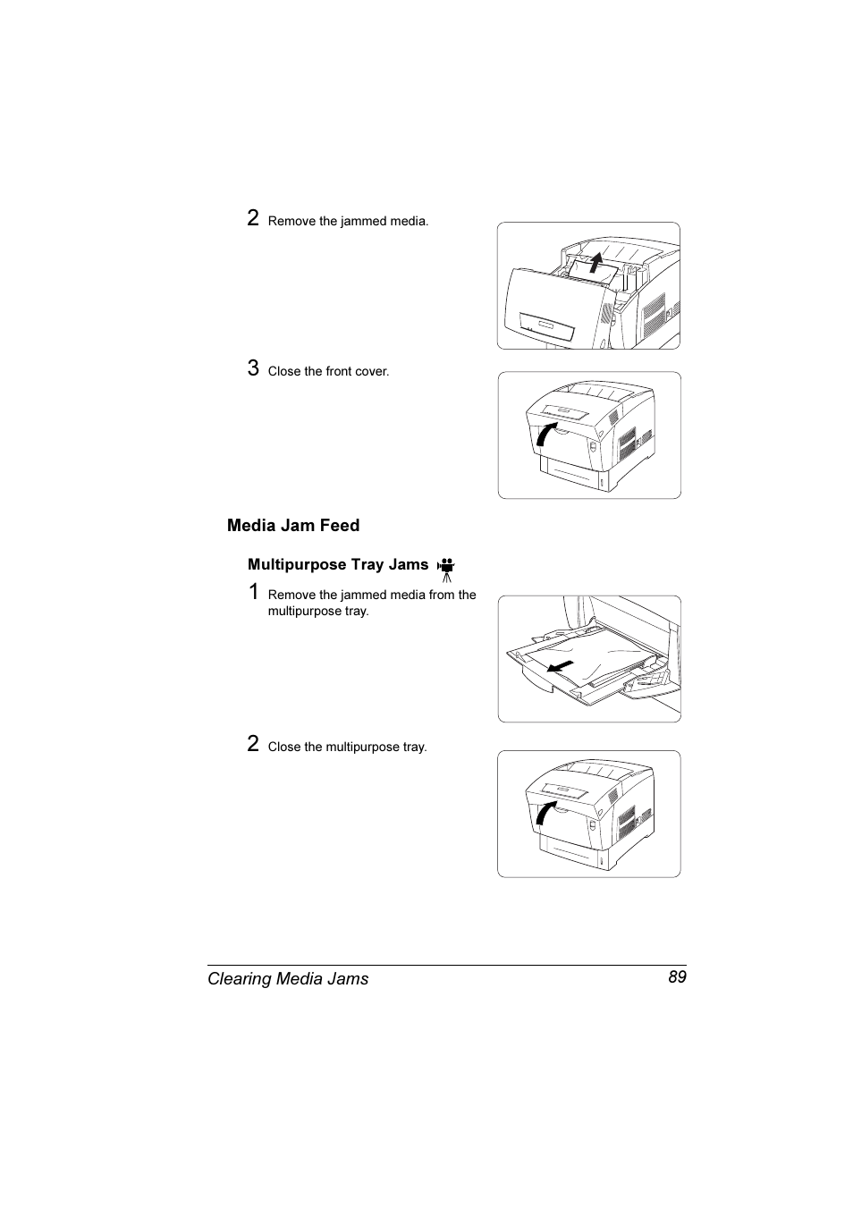 Media jam feed, Multipurpose tray jams 89 | Konica Minolta Magicolor 3300DN User Manual | Page 97 / 198