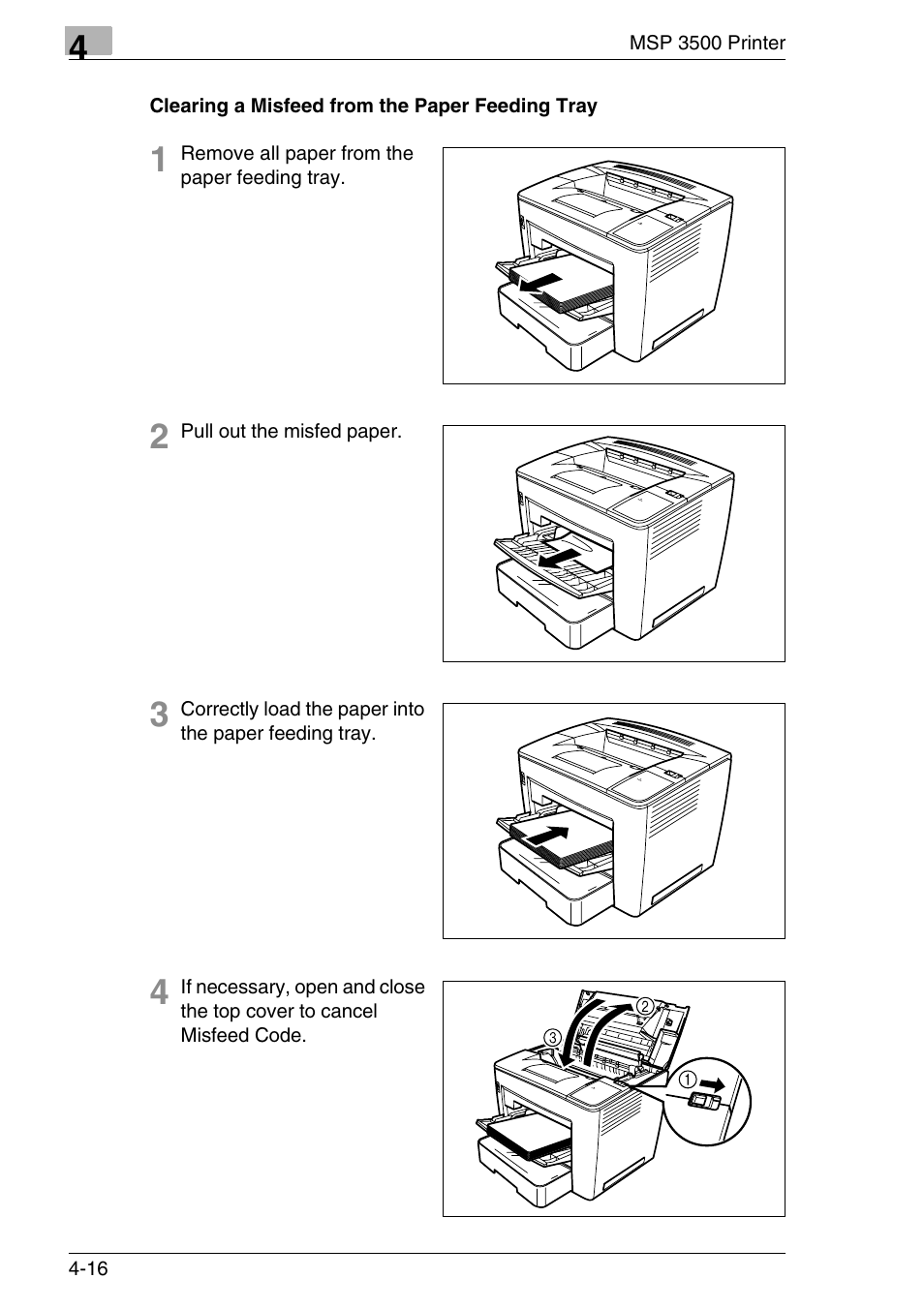 Clearing a misfeed from the paper feeding tray, Clearing a misfeed from the paper feeding tray -16 | Konica Minolta MS7000 MKII User Manual | Page 104 / 154