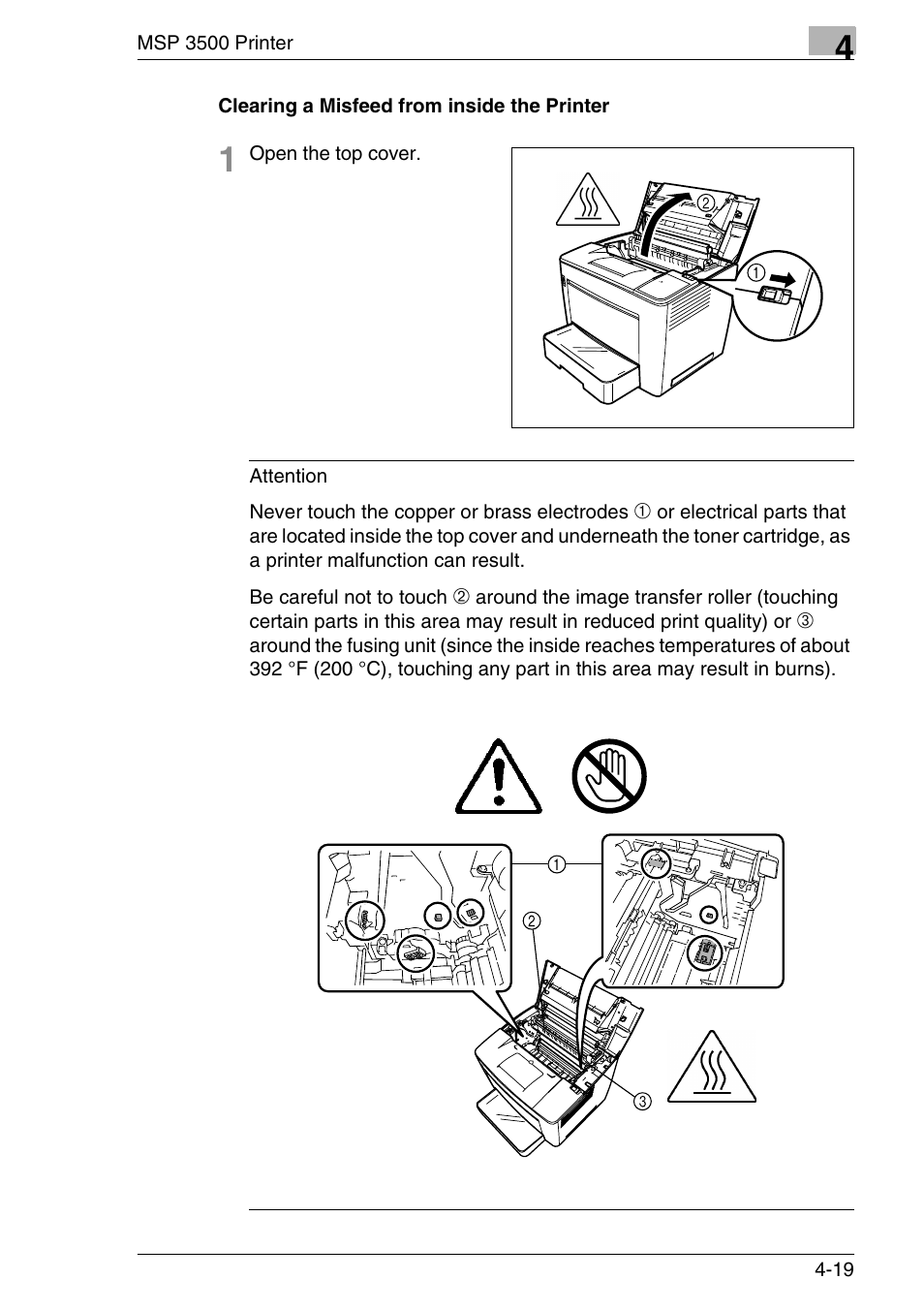 Clearing a misfeed from inside the printer, Clearing a misfeed from inside the printer -19 | Konica Minolta MS7000 MKII User Manual | Page 107 / 154