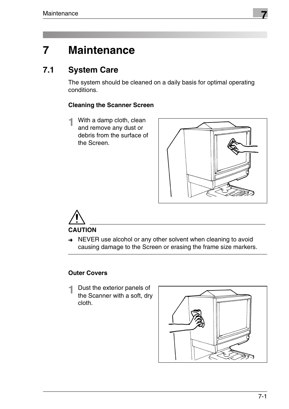 7 maintenance, 1 system care, Cleaning the scanner screen | Outer covers, Maintenance, System care -1, Cleaning the scanner screen -1 outer covers -1, 7maintenance | Konica Minolta MS7000 MKII User Manual | Page 127 / 154