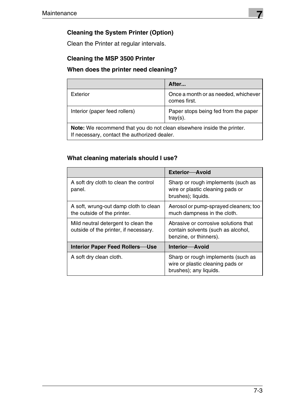 Cleaning the system printer (option), Cleaning the msp 3500 printer | Konica Minolta MS7000 MKII User Manual | Page 129 / 154