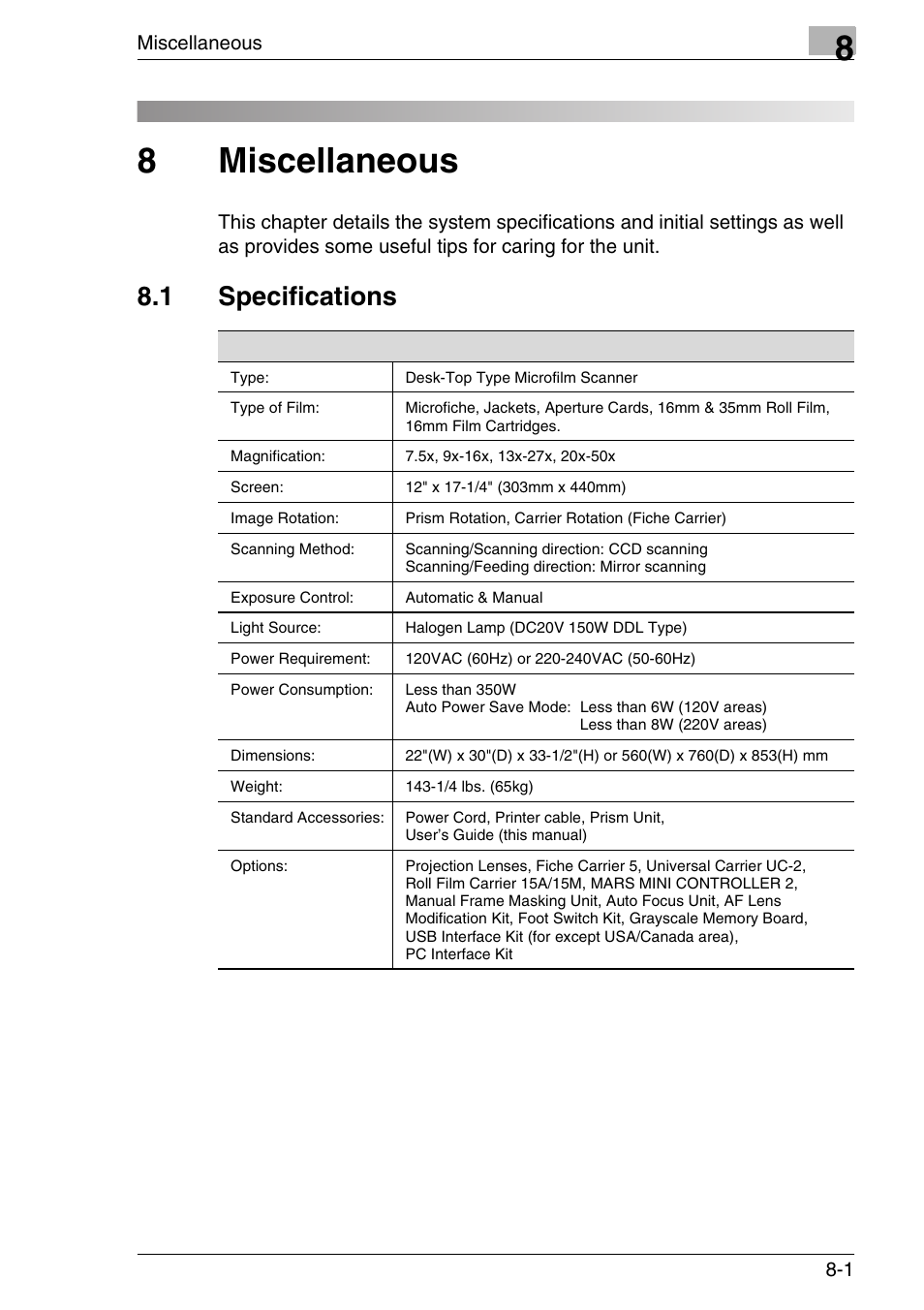 8 miscellaneous, 1 specifications, Miscellaneous | Specifications -1, 8miscellaneous | Konica Minolta MS7000 MKII User Manual | Page 137 / 154