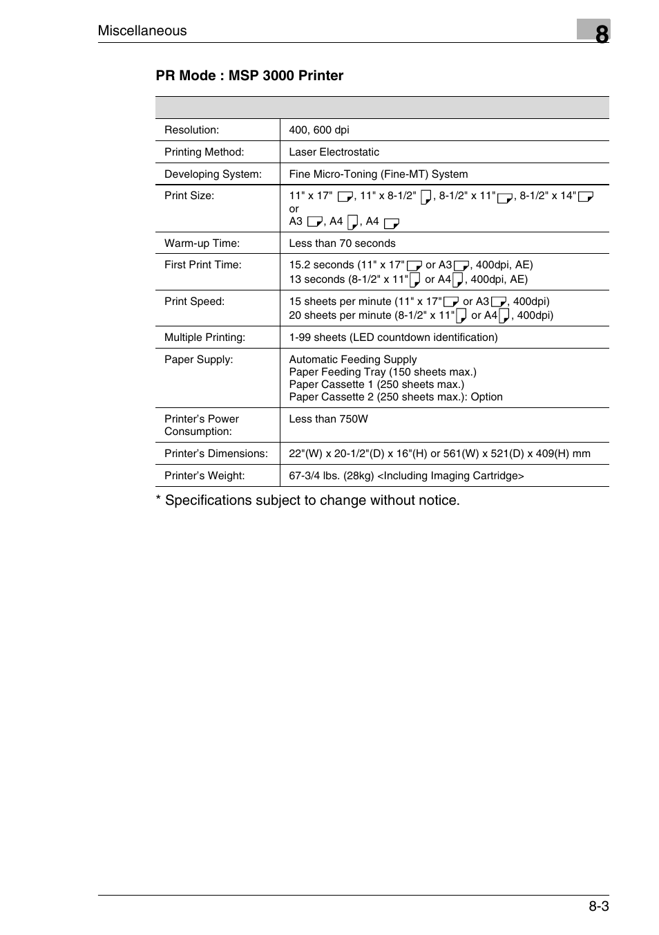 Pr mode : msp 3000 printer, Pr mode : msp 3000 printer -3, Miscellaneous | Specifications subject to change without notice | Konica Minolta MS7000 MKII User Manual | Page 139 / 154