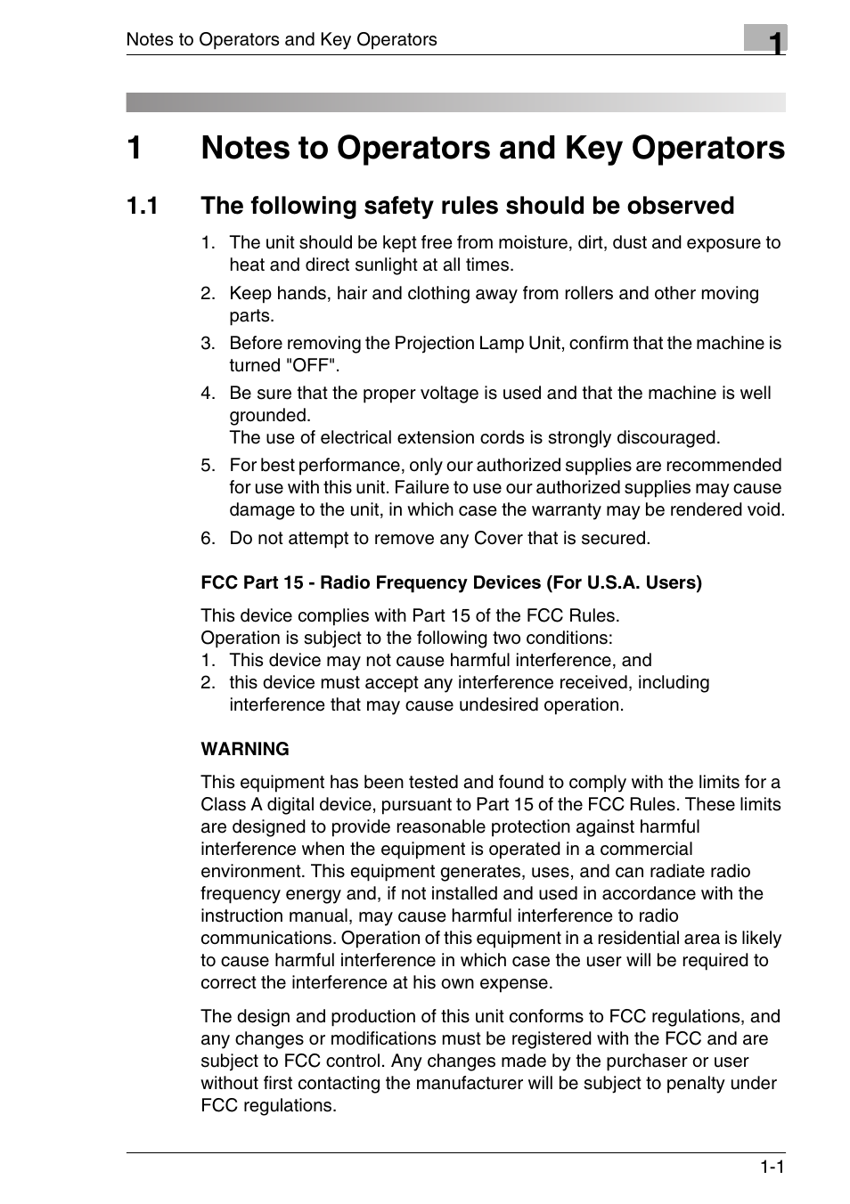 1 notes to operators and key operators, 1 the following safety rules should be observed, Warning | Notes to operators and key operators, The following safety rules should be observed -1 | Konica Minolta MS7000 MKII User Manual | Page 15 / 154