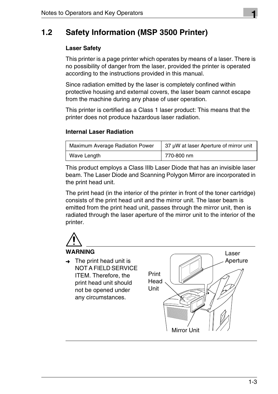 2 safety information (msp 3500 printer), Laser safety, Internal laser radiation | Safety information (msp 3500 printer) -3, Laser safety -3 internal laser radiation -3 | Konica Minolta MS7000 MKII User Manual | Page 17 / 154