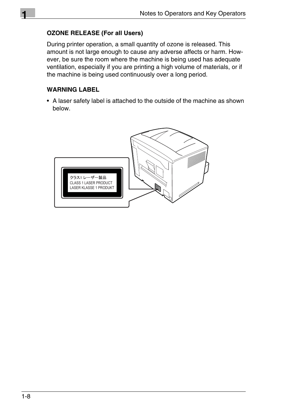 Ozone release (for all users), Warning label, Ozone release (for all users) -8 warning label -8 | Konica Minolta MS7000 MKII User Manual | Page 22 / 154